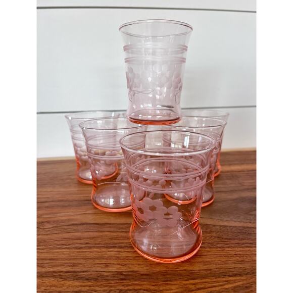 Pink Depression Juices Glasses Floral Etched Pattern (7) - Picture 7 of 10